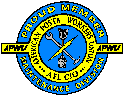 APWU Maintenance logo: "Proud Member, Maintenance Division," Crossed Mop, broom, hammer, wrench, and lightning bolt in center.